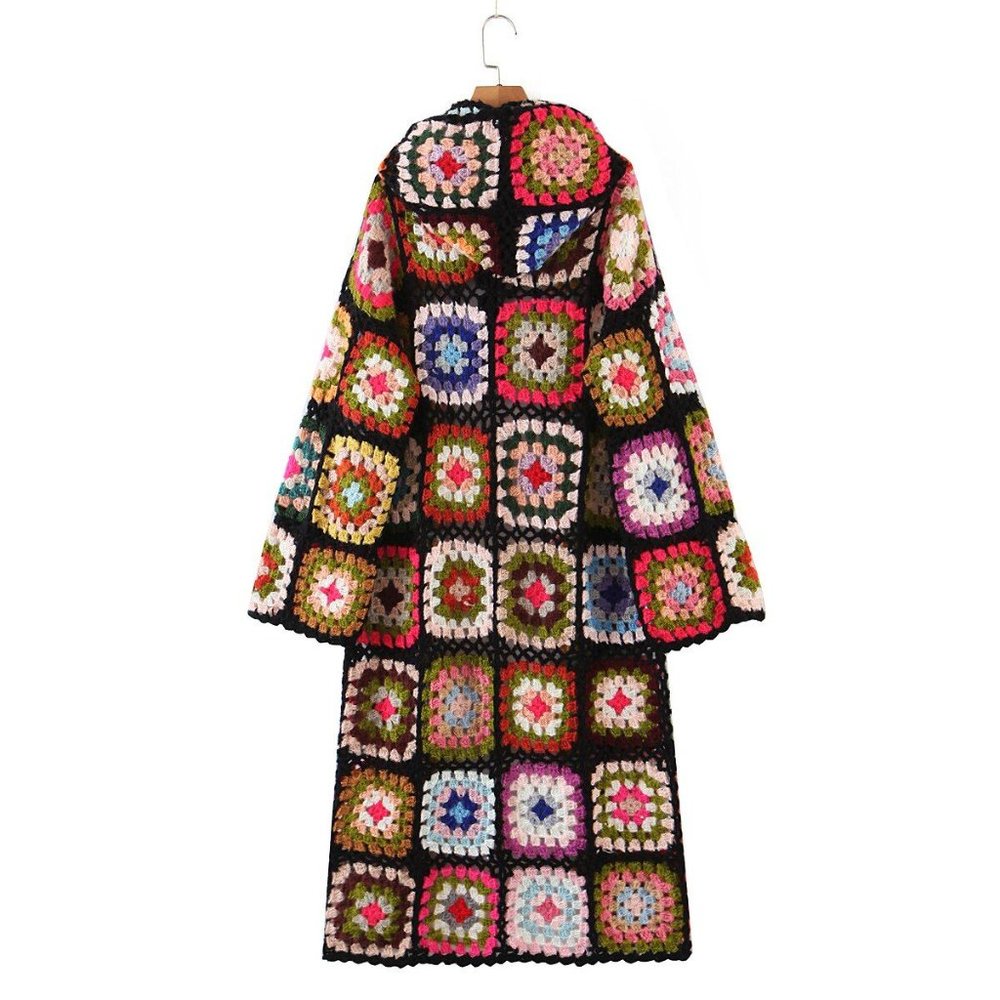 Bohemia Colored Plaid Flower Granny Square Hand Crochet Hooded Sweater Long Card - Picture 6 of 7